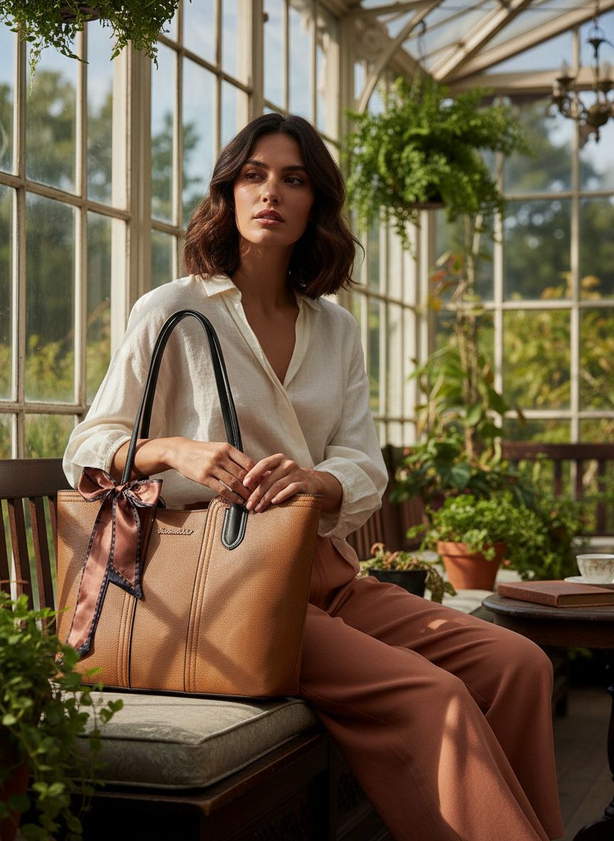 Leather top handle tote bag in neutral color — view 4