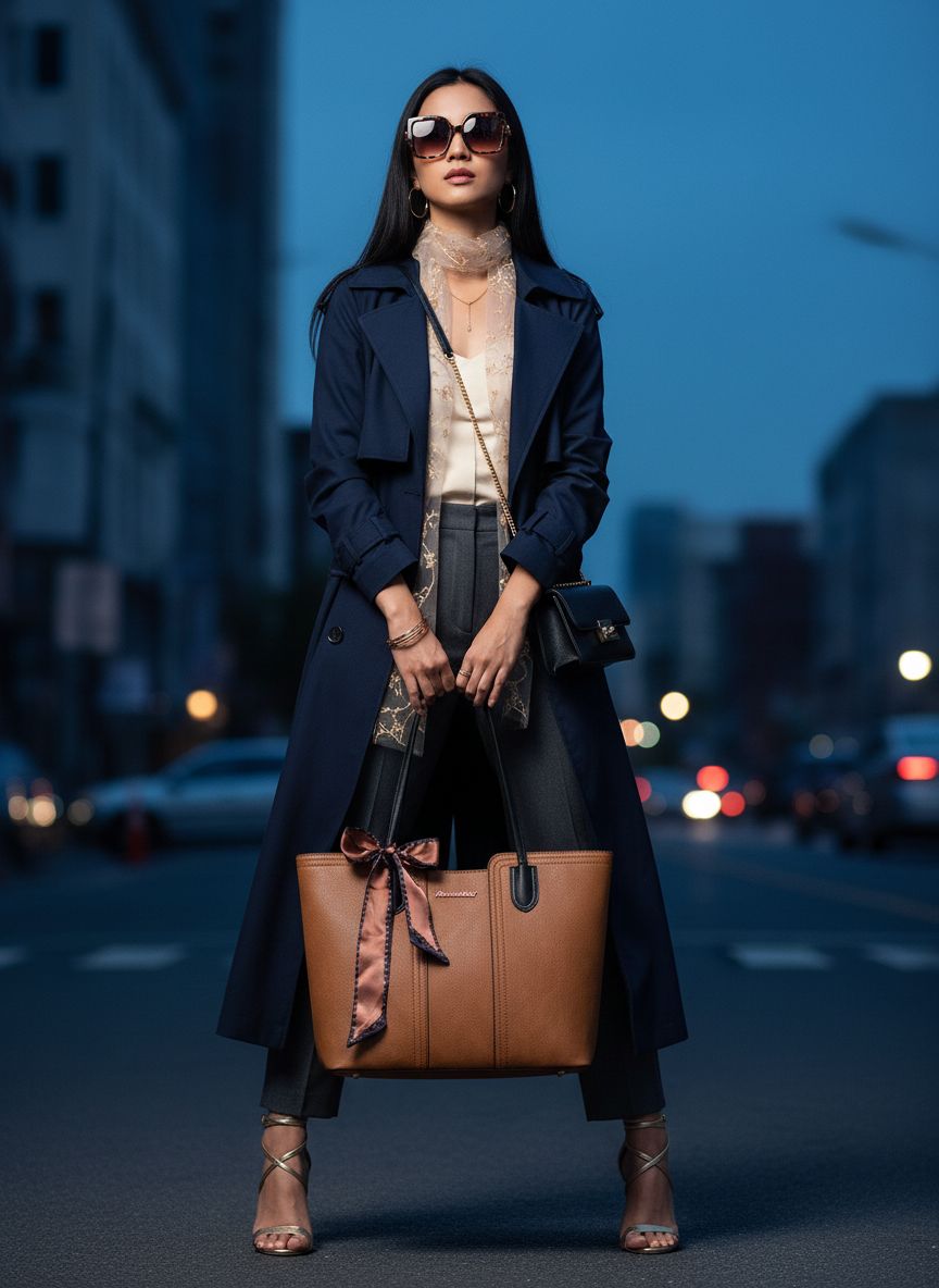 Leather top handle tote bag in neutral color — view 5a