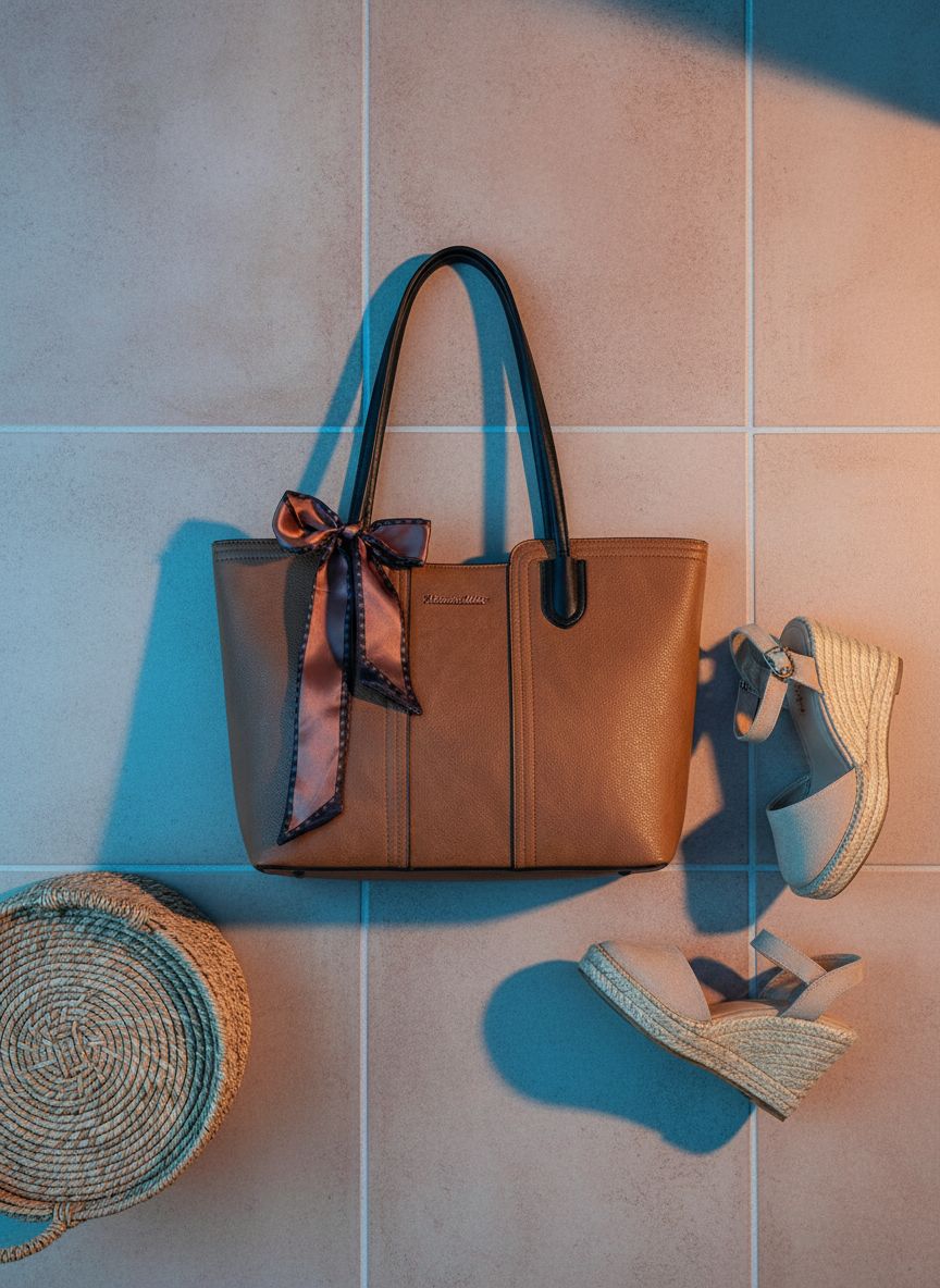 Leather top handle tote bag in neutral color — view 7a