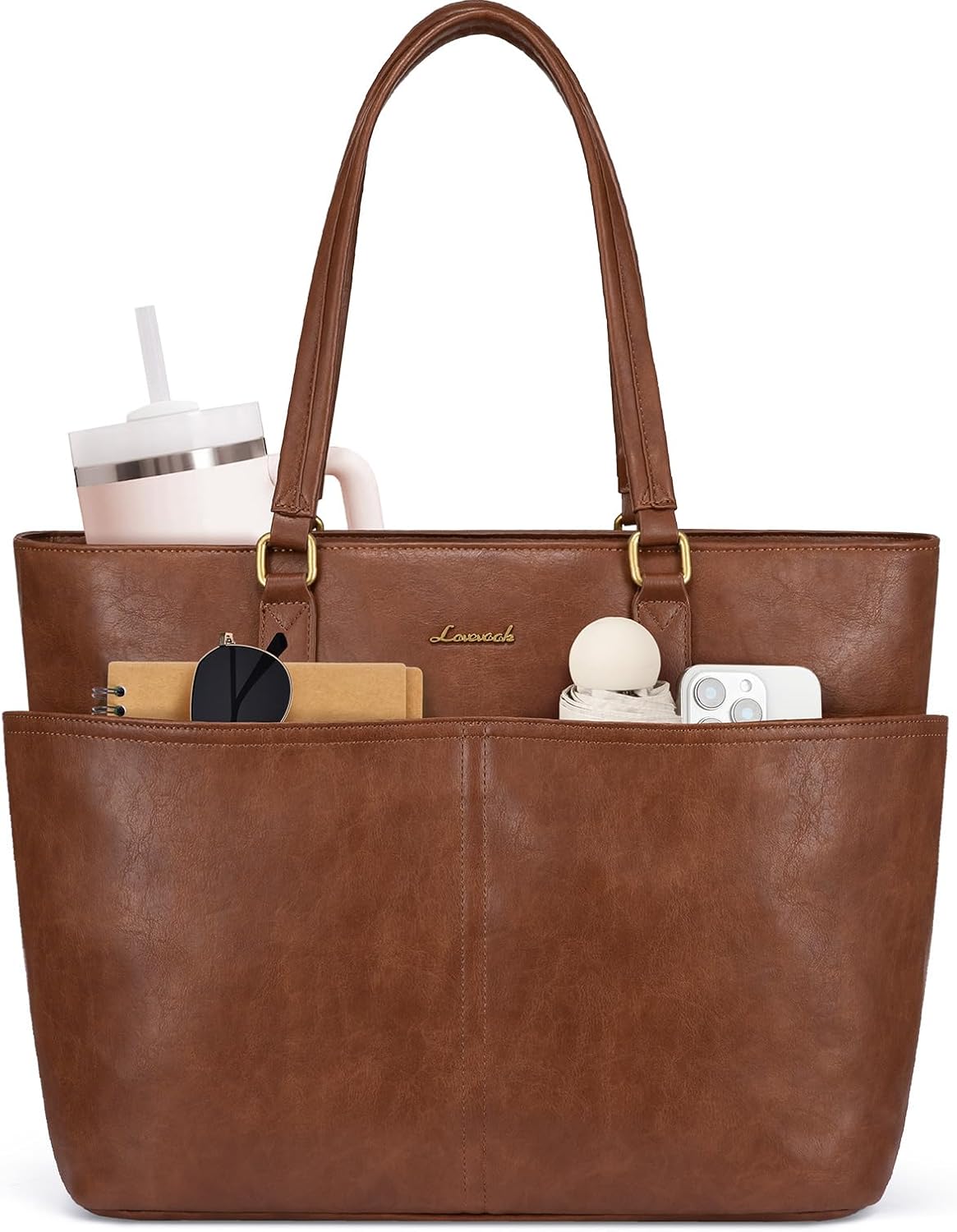 Vintage leather laptop tote bag in neutral color with cup holder detail — view 1