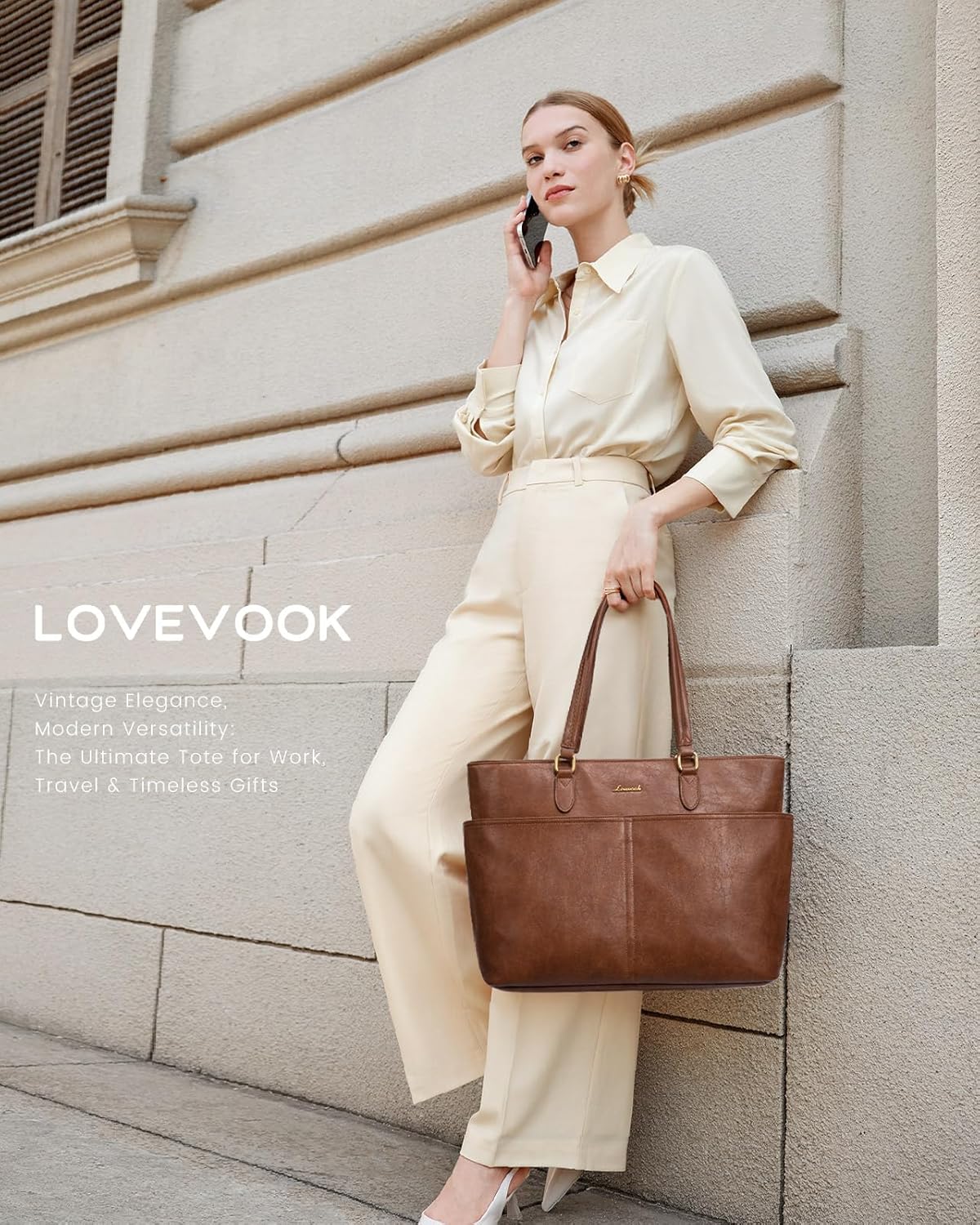 Vintage leather laptop tote bag in neutral color with cup holder detail — view 2
