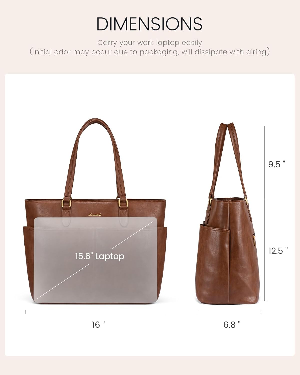 Vintage leather laptop tote bag in neutral color with cup holder detail — view 2