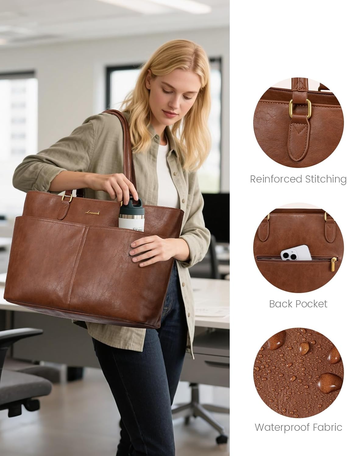 Vintage leather laptop tote bag in neutral color with cup holder detail — view 3
