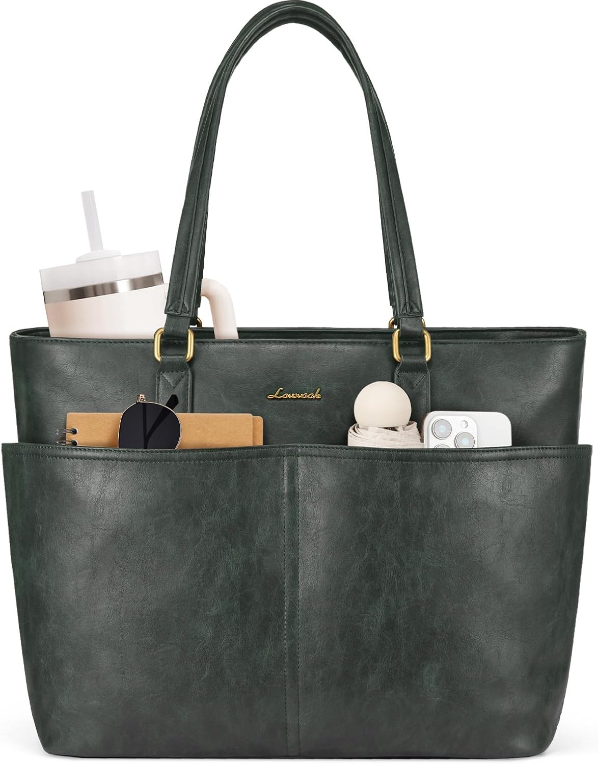 Vintage leather laptop tote bag in neutral color with cup holder detail — view 4
