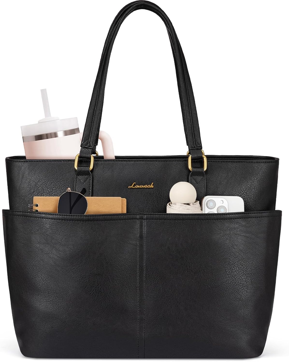 Vintage leather laptop tote bag in neutral color with cup holder detail — view 5