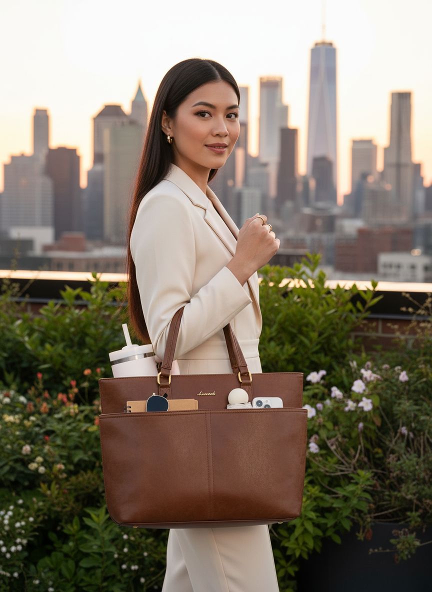 Vintage leather laptop tote bag in neutral color with cup holder detail — view 1
