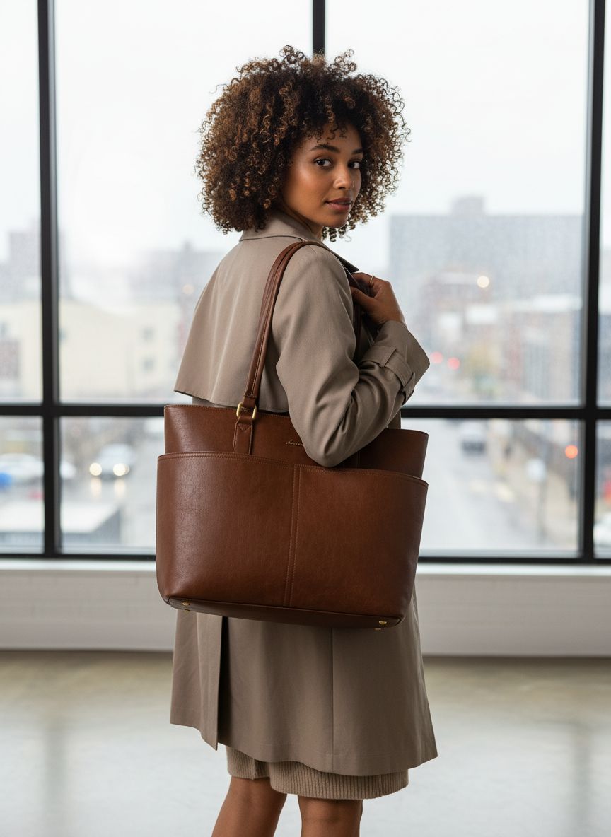 Vintage leather laptop tote bag in neutral color with cup holder detail — view 2