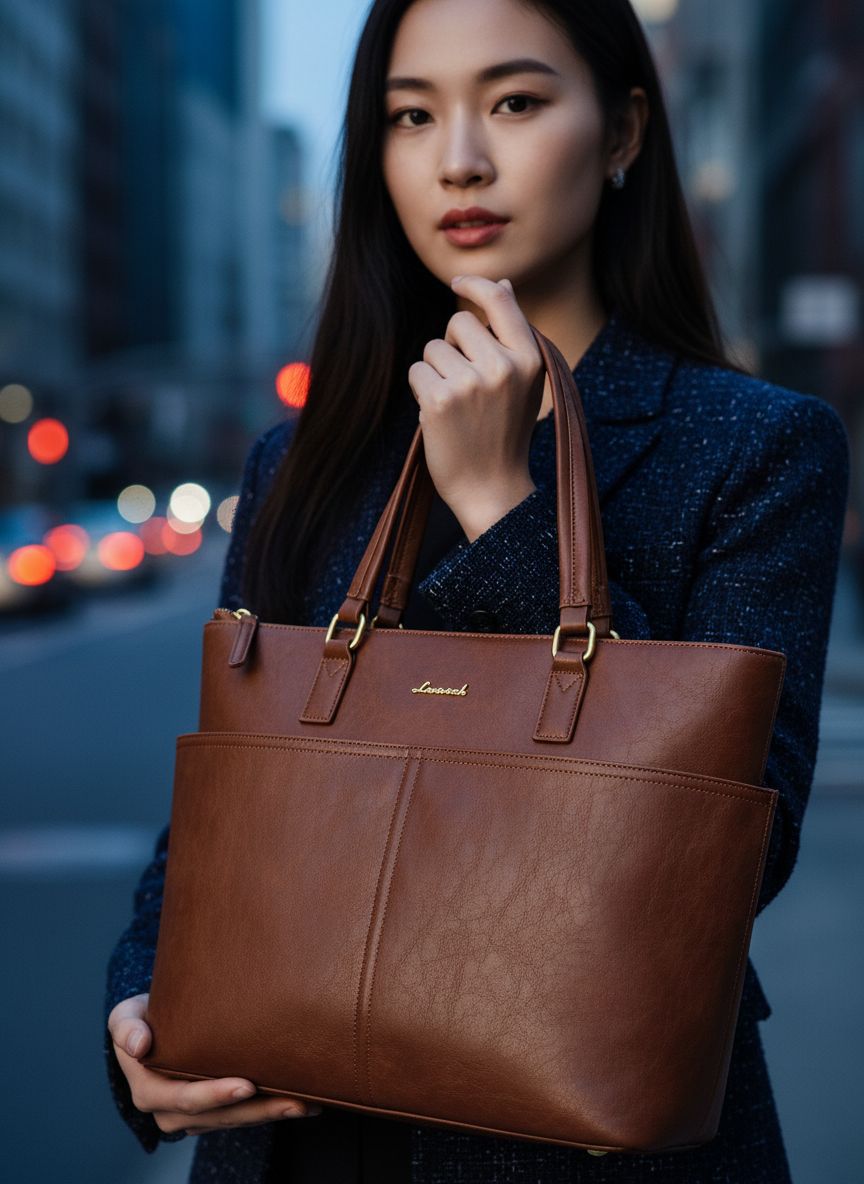 Vintage leather laptop tote bag in neutral color with cup holder detail — view 4