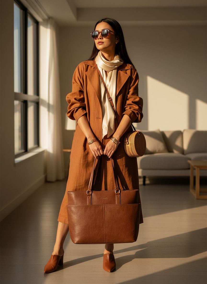 Vintage leather laptop tote bag in neutral color with cup holder detail — view 5a