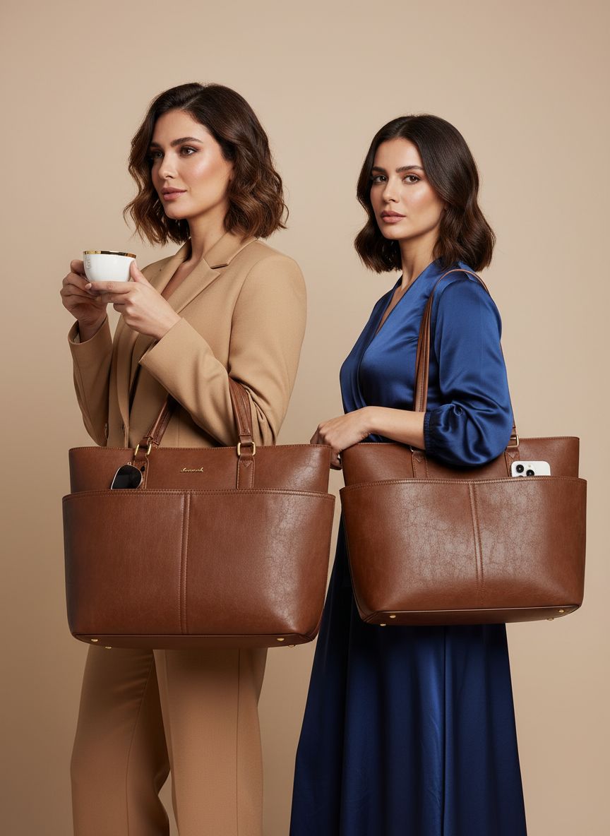 Vintage leather laptop tote bag in neutral color with cup holder detail — view 6