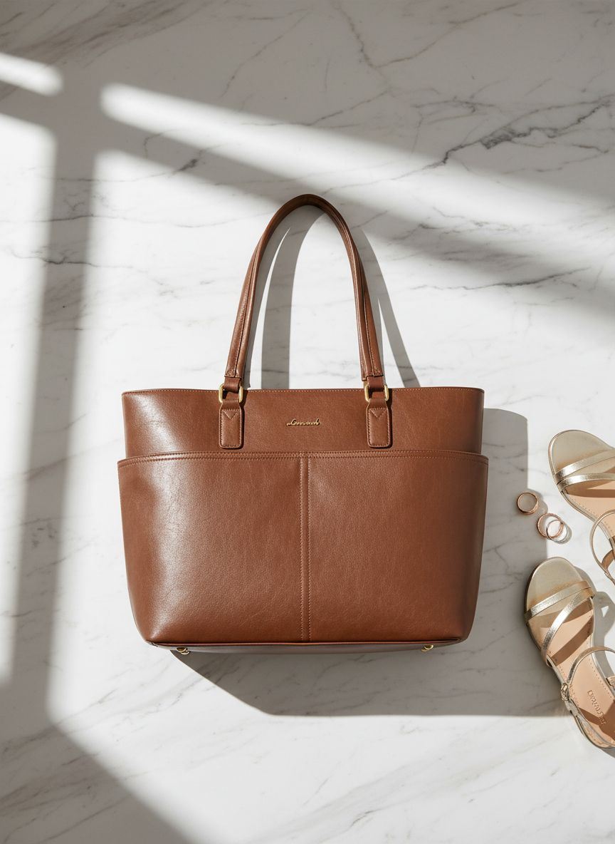 Vintage leather laptop tote bag in neutral color with cup holder detail — view 7a