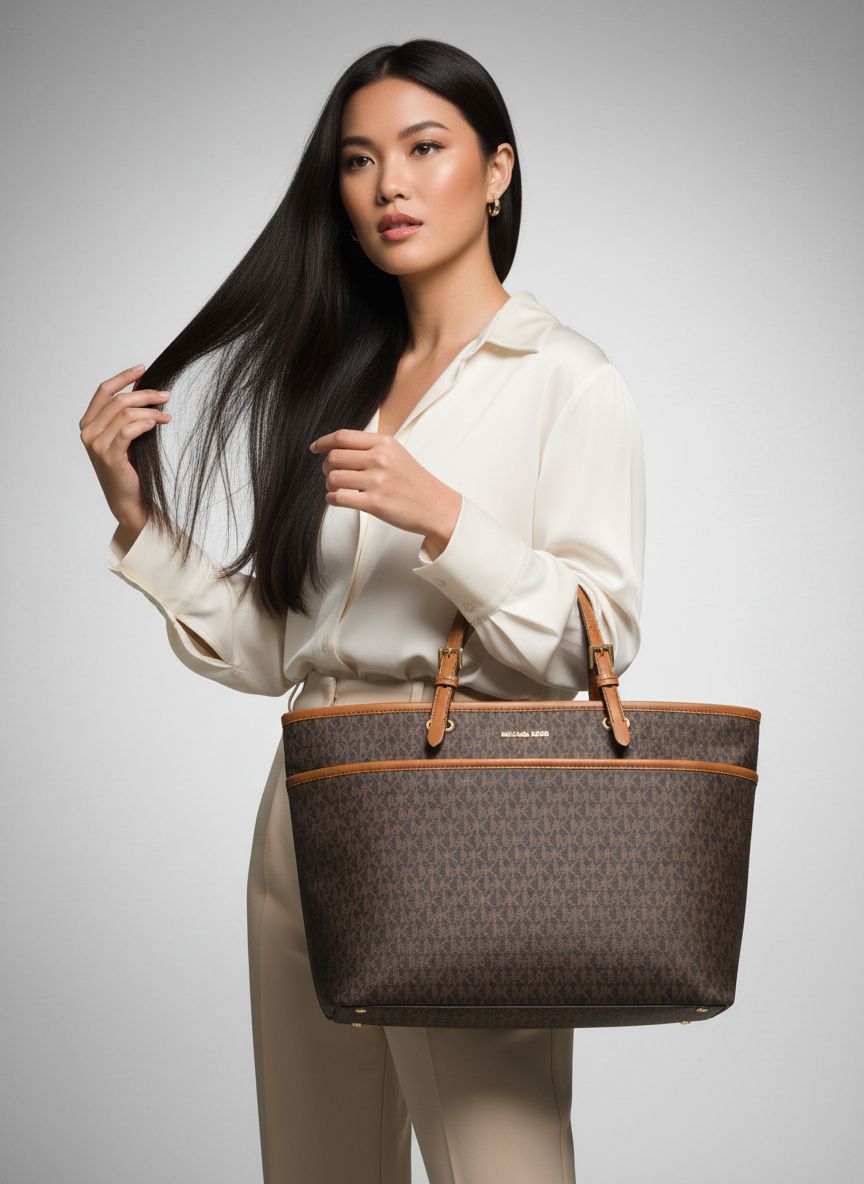 Michael Kors Winston large leather tote bag in neutral color with multi-functional pockets — view 6