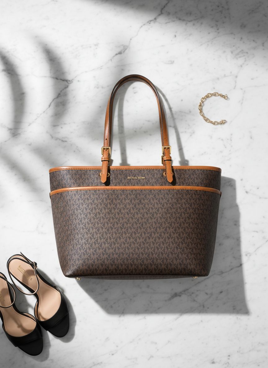 Michael Kors Winston large leather tote bag in neutral color with multi-functional pockets — view 7a