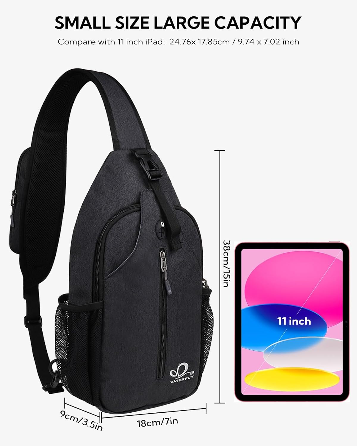 Black nylon crossbody sling backpack with minimalist design — view 2