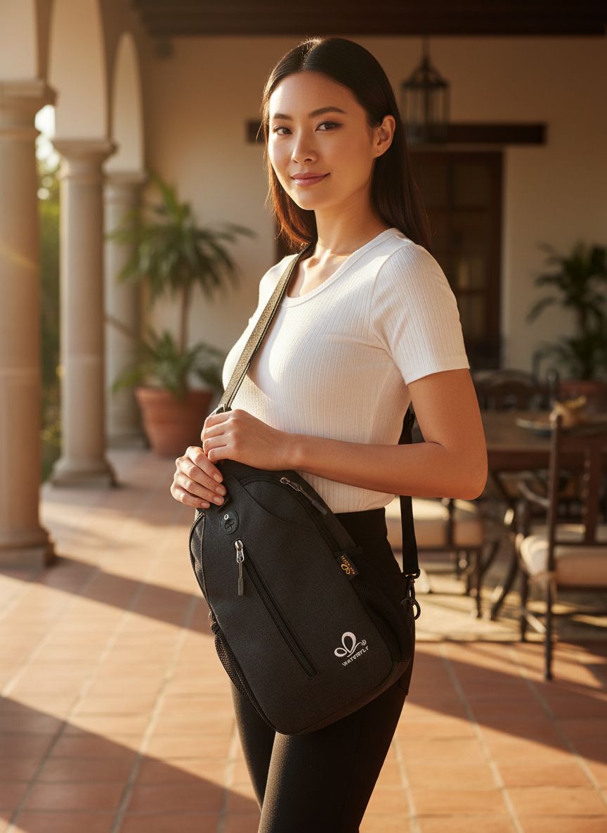 Black nylon crossbody sling backpack with minimalist design — view 1