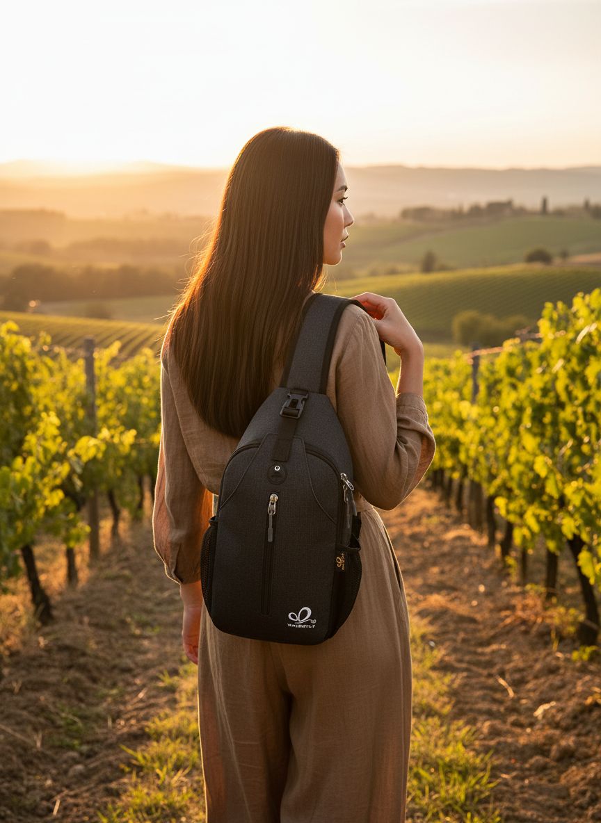 Black nylon crossbody sling backpack with minimalist design — view 2