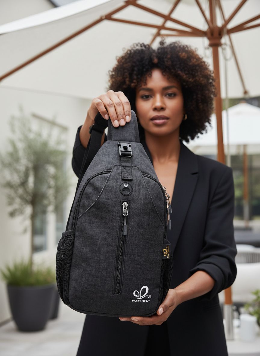 Black nylon crossbody sling backpack with minimalist design — view 3b