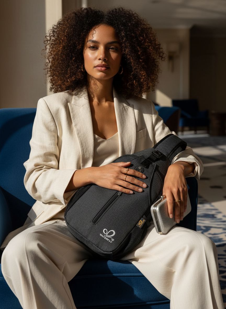 Black nylon crossbody sling backpack with minimalist design — view 5b