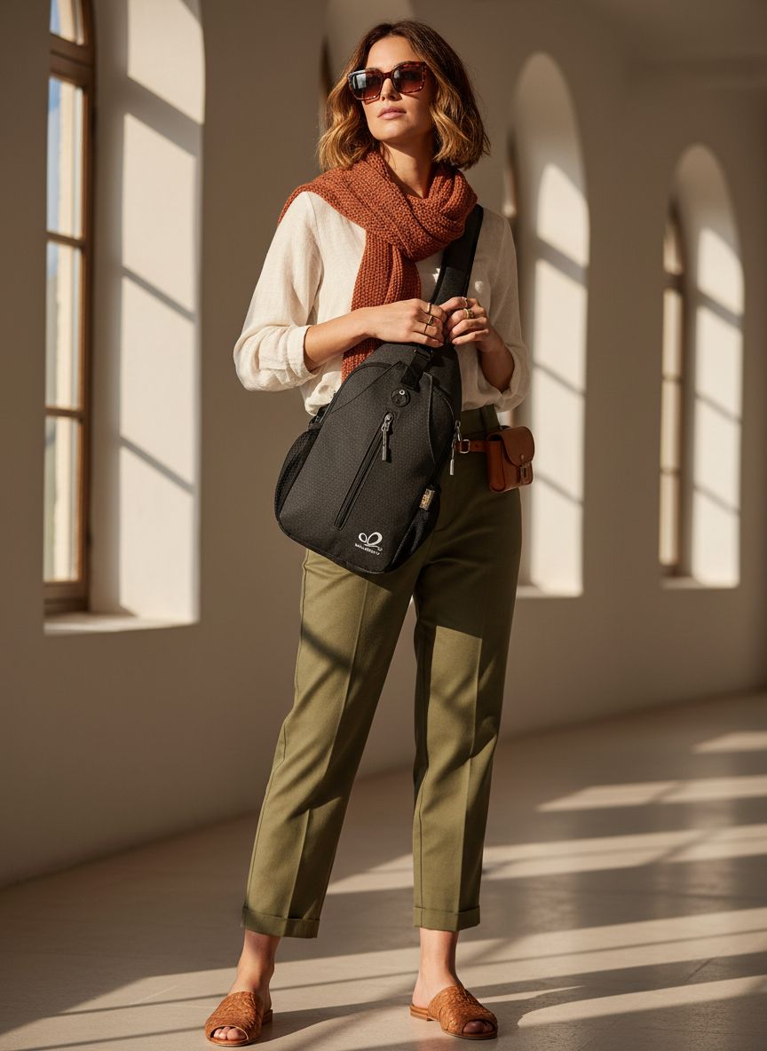 Black nylon crossbody sling backpack with minimalist design — view 6