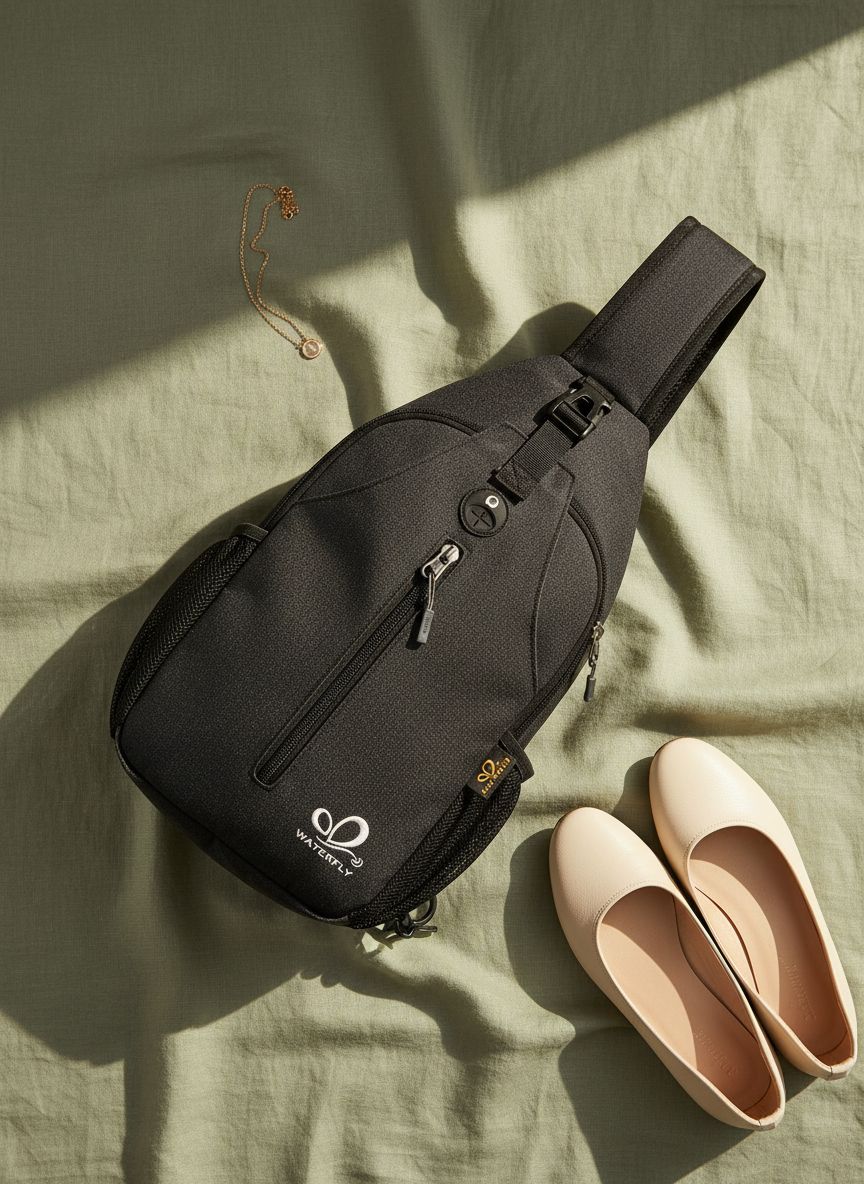 Black nylon crossbody sling backpack with minimalist design — view 7b