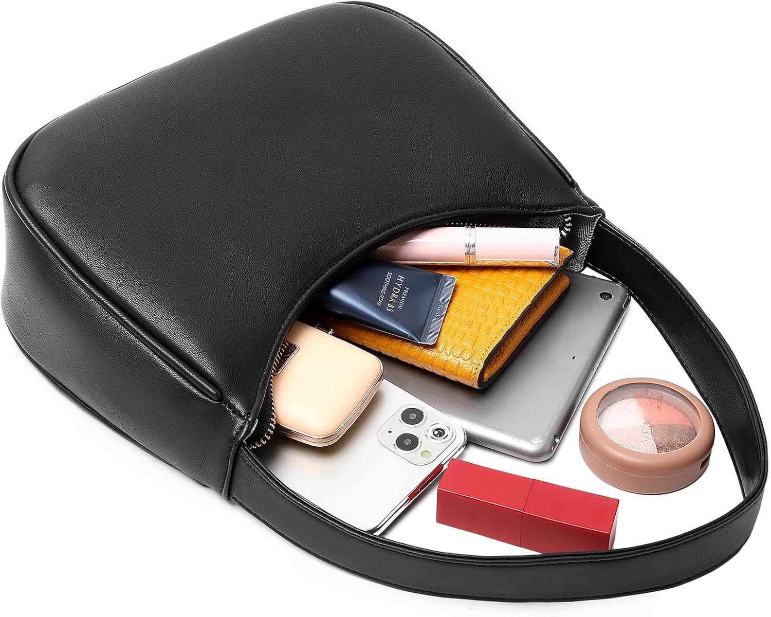 Vegan leather hobo shoulder bag in {color} with zipper closure — view 4