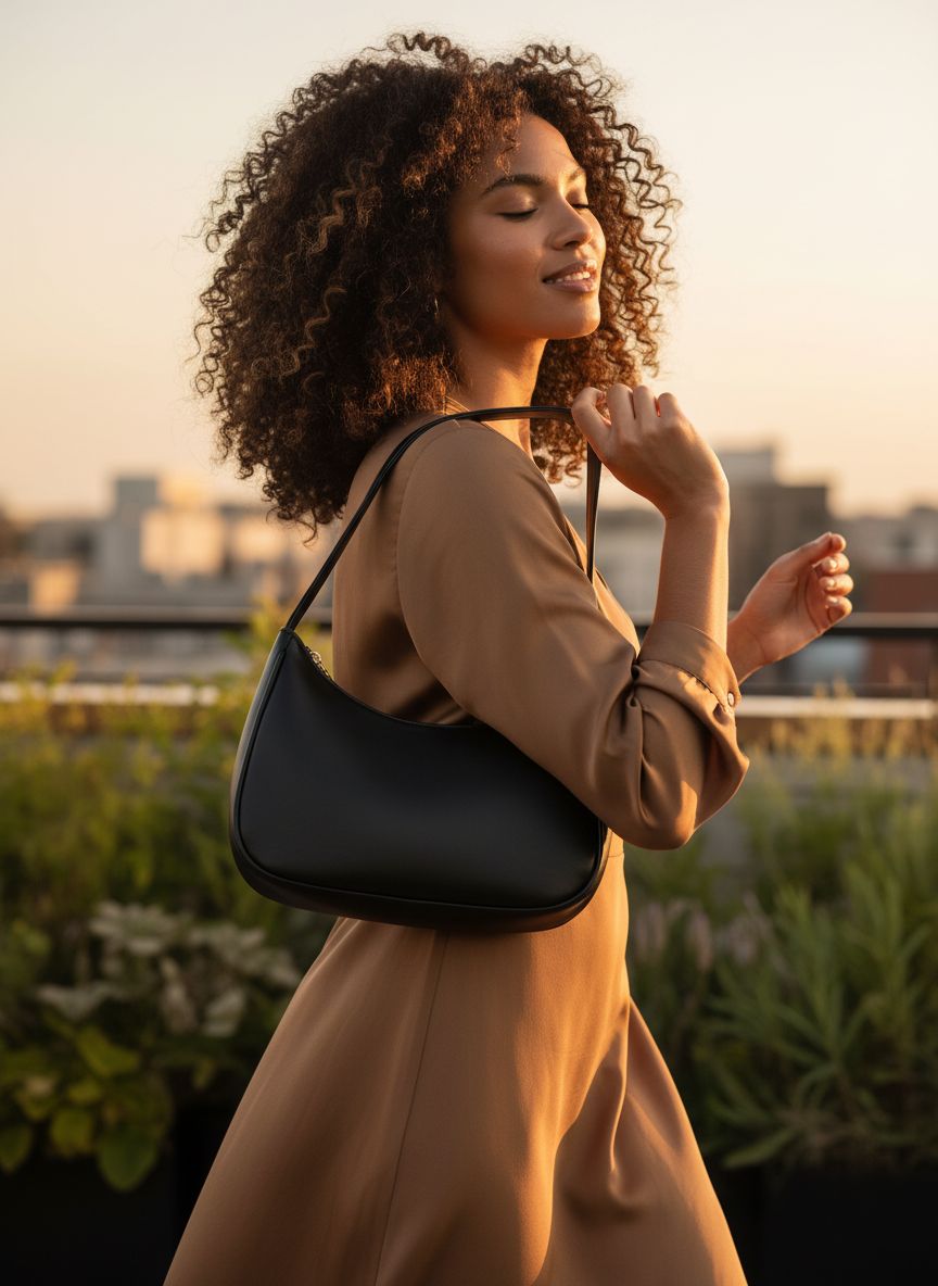 Vegan leather hobo shoulder bag in {color} with zipper closure — view 5b