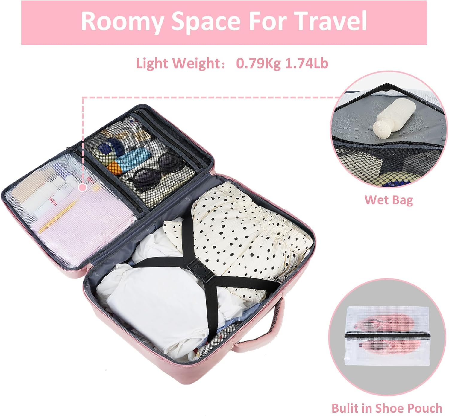 Pink nylon TSA-approved laptop backpack with water bottle pocket and shoe compartment — view 4