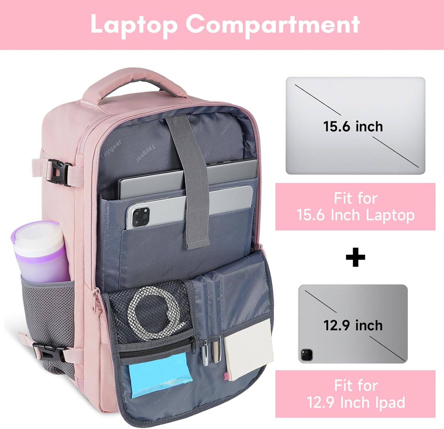Pink nylon TSA-approved laptop backpack with water bottle pocket and shoe compartment — view 5
