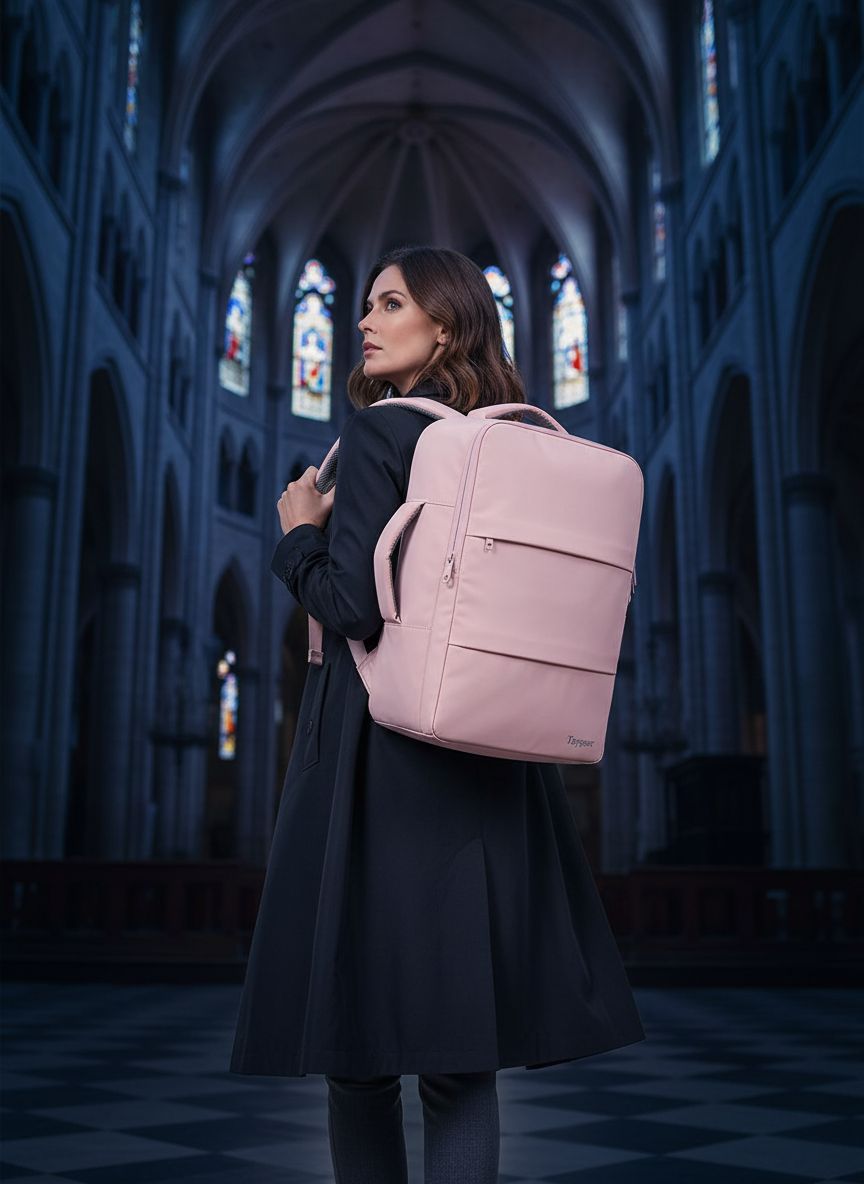 Pink nylon TSA-approved laptop backpack with water bottle pocket and shoe compartment — view 2