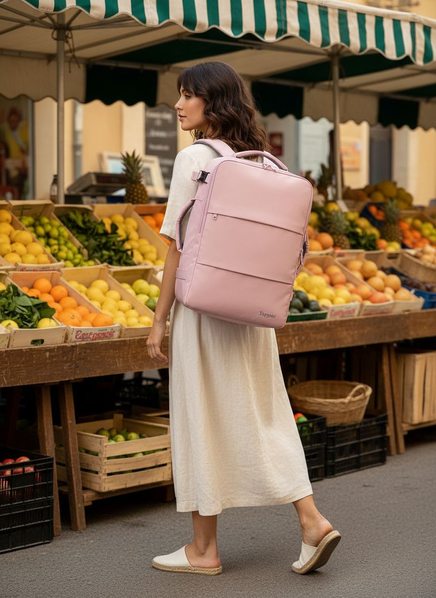 Pink nylon TSA-approved laptop backpack with water bottle pocket and shoe compartment — view 3a