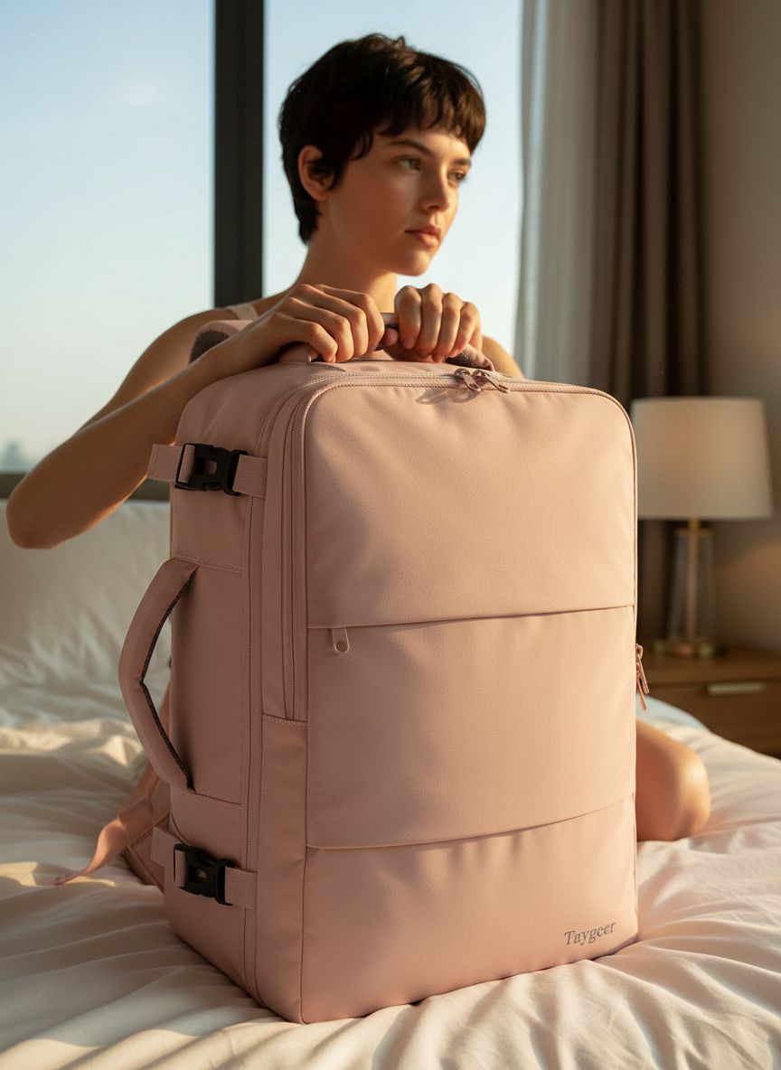 Pink nylon TSA-approved laptop backpack with water bottle pocket and shoe compartment — view 3b