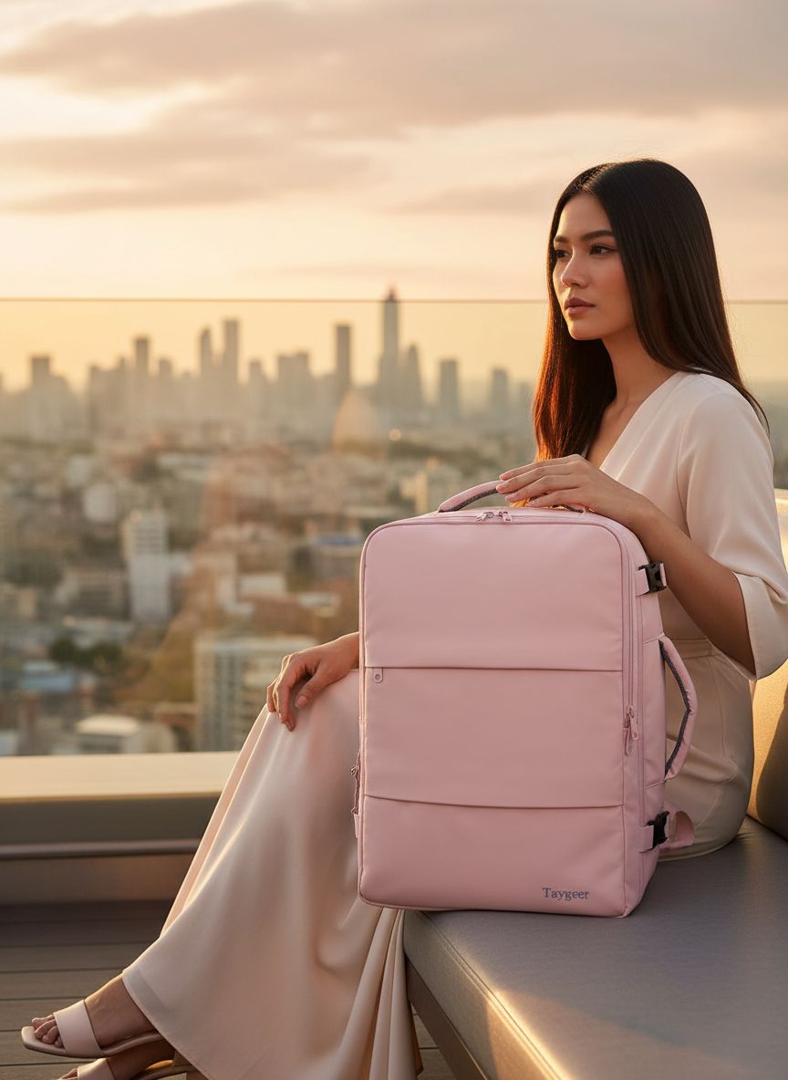 Pink nylon TSA-approved laptop backpack with water bottle pocket and shoe compartment — view 5b