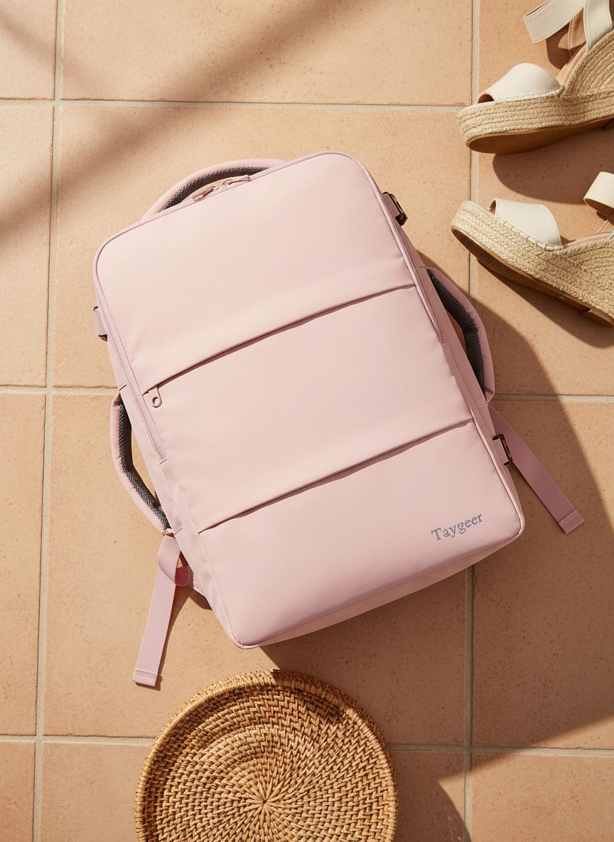 Pink nylon TSA-approved laptop backpack with water bottle pocket and shoe compartment — view 7