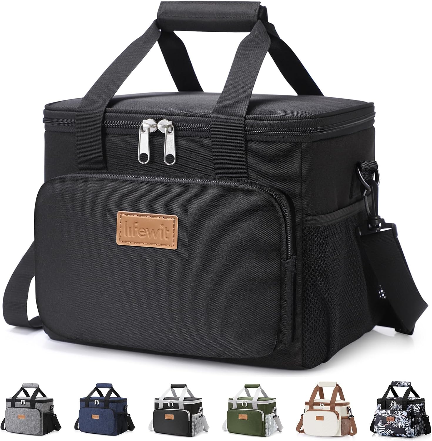 Black insulated lunch tote bag, nylon material, front view — view 1