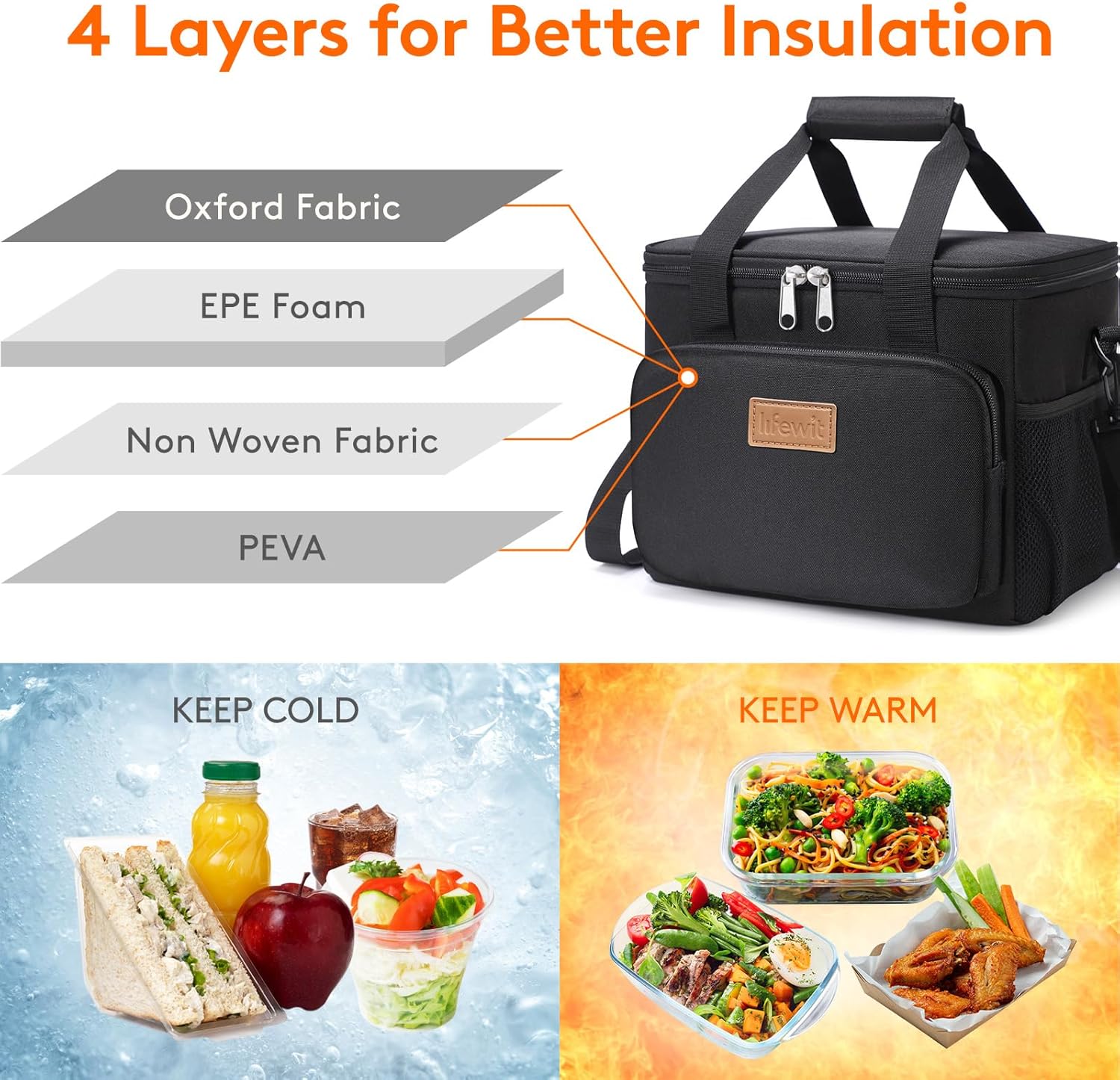 Black insulated lunch tote bag, nylon material, front view — view 3