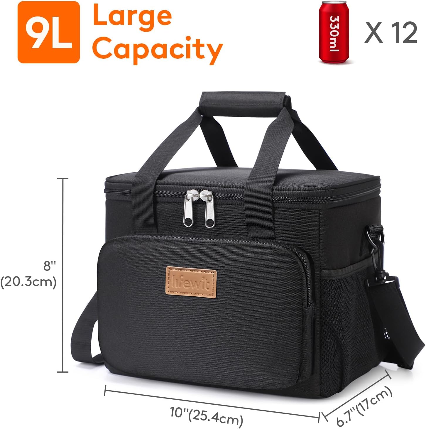 Black insulated lunch tote bag, nylon material, front view — view 4