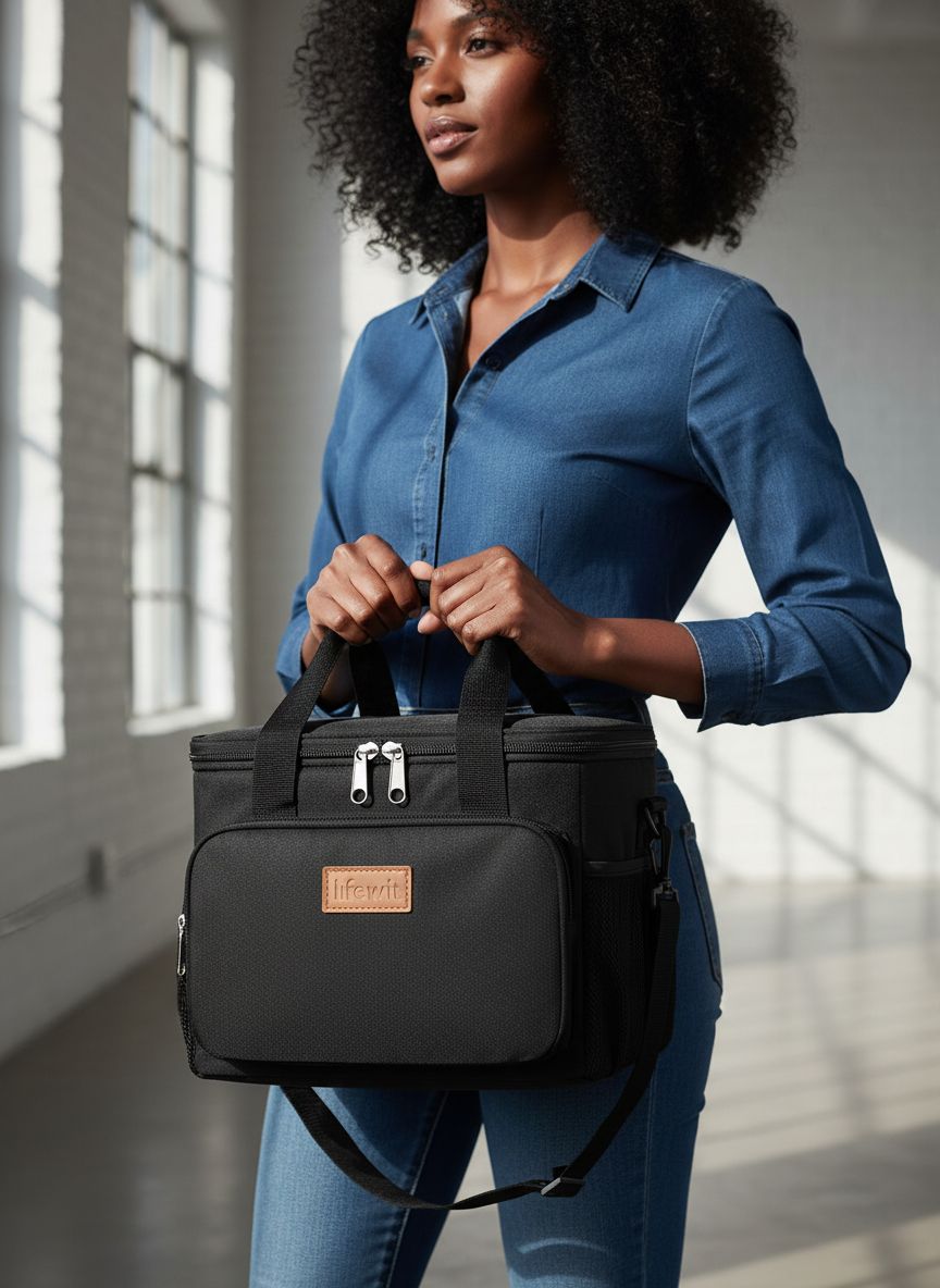 Black insulated lunch tote bag, nylon material, front view — view 3b