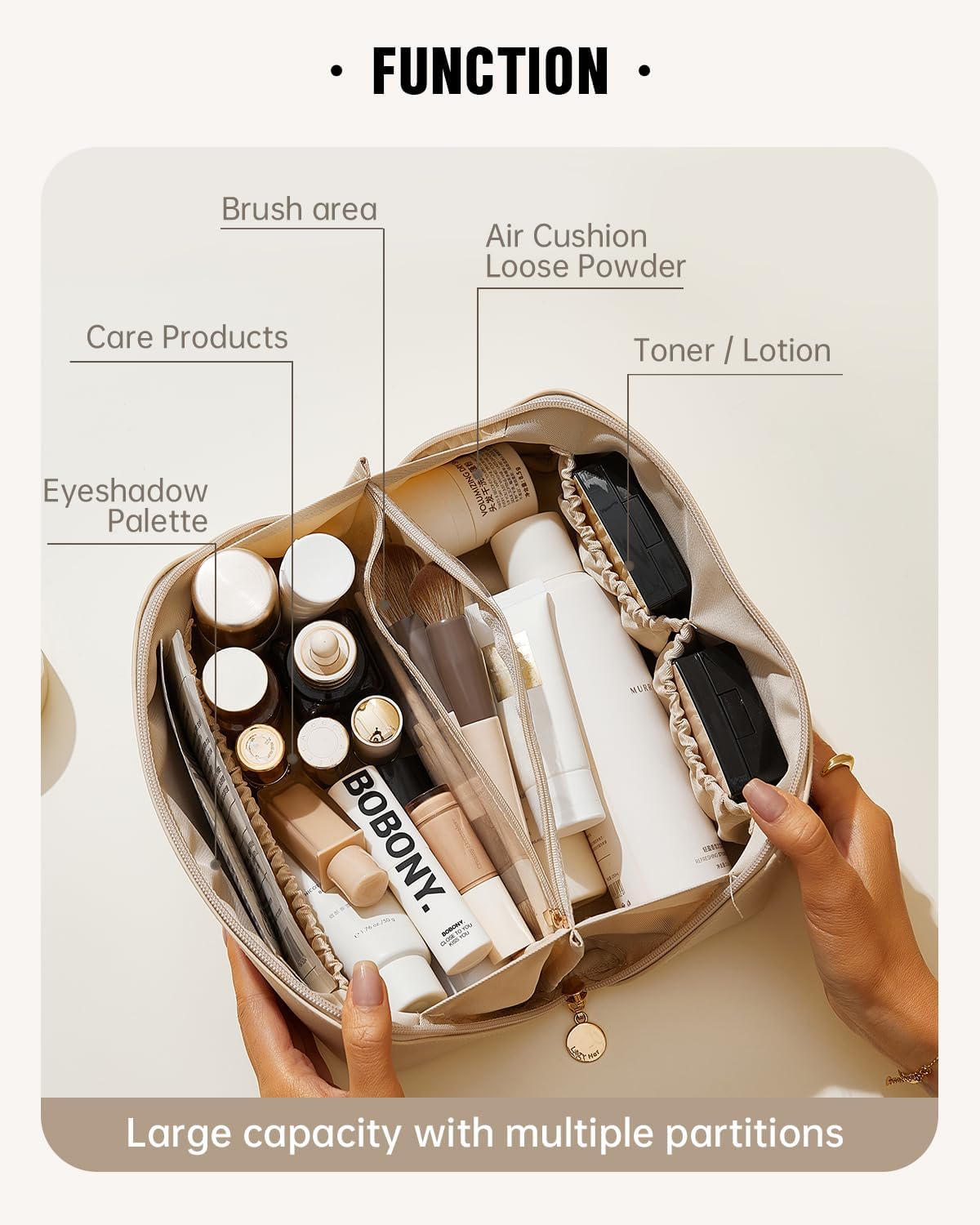 Waterproof PU leather cosmetic bag in neutral color, large capacity toiletry organizer for travel — view 2