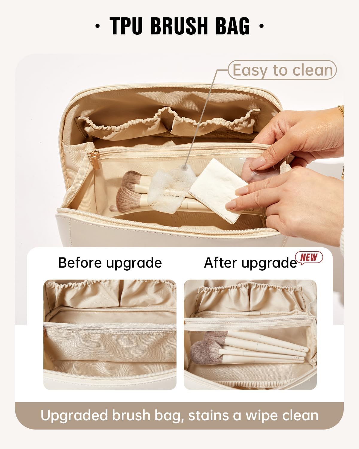 Waterproof PU leather cosmetic bag in neutral color, large capacity toiletry organizer for travel — view 3