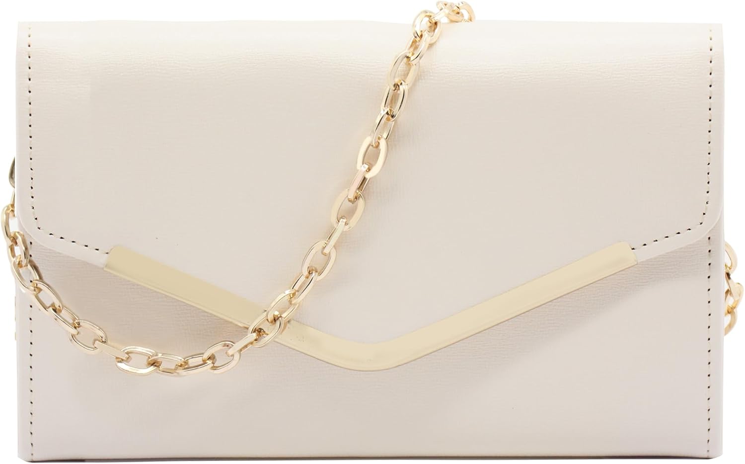 Vegan leather envelope clutch purse with detachable chain strap in neutral tone — view 1