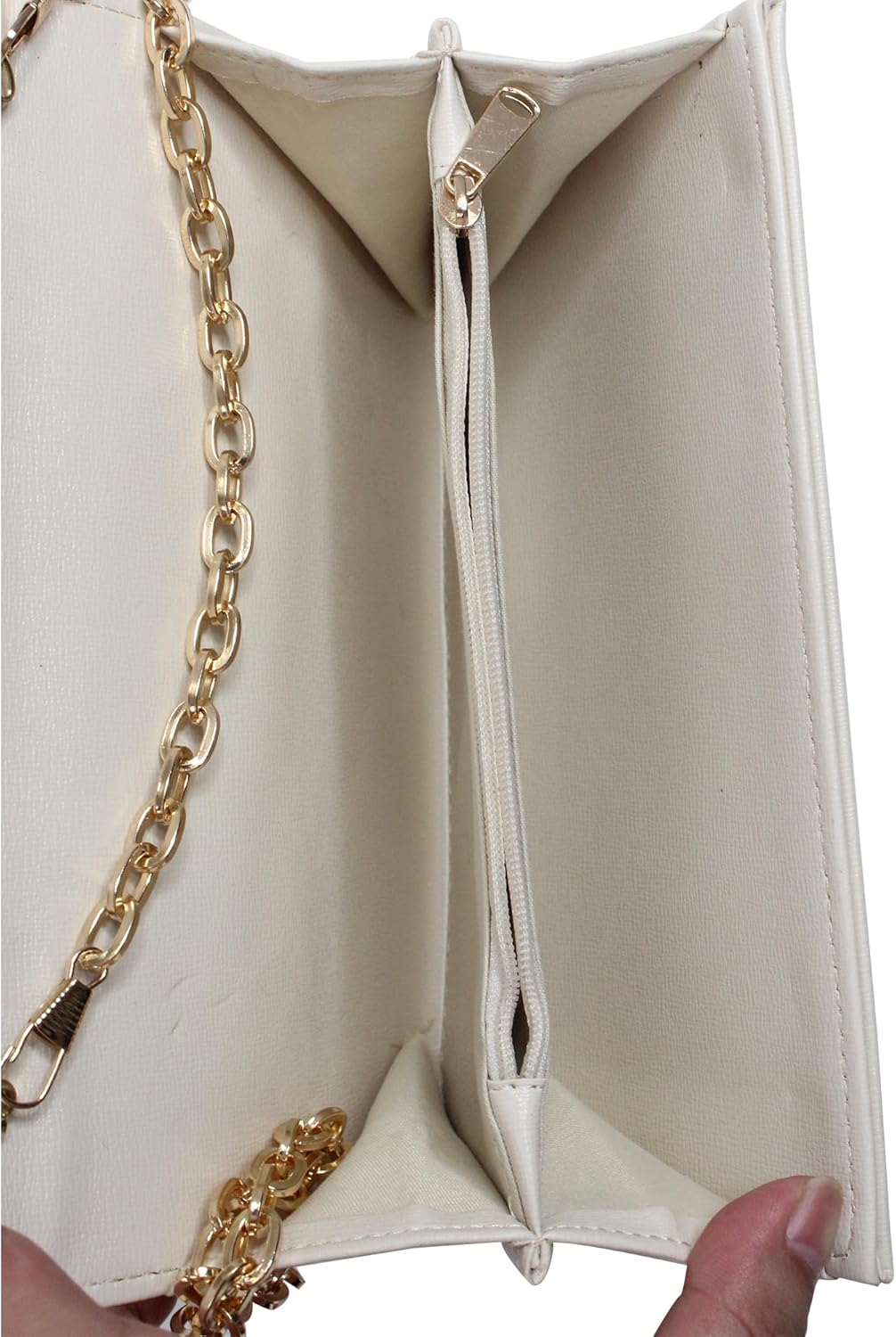 Vegan leather envelope clutch purse with detachable chain strap in neutral tone — view 2