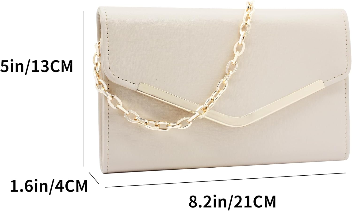 Vegan leather envelope clutch purse with detachable chain strap in neutral tone — view 3