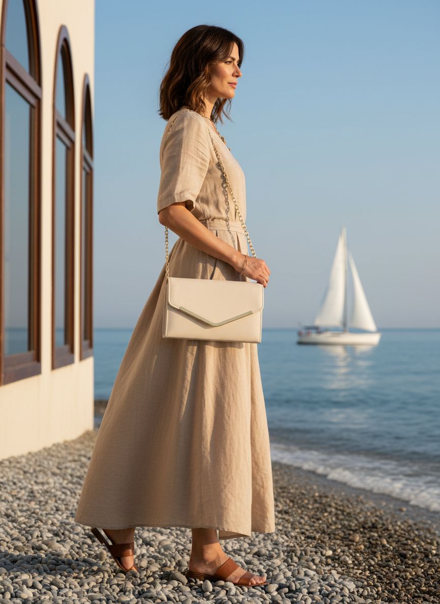 Vegan leather envelope clutch purse with detachable chain strap in neutral tone — view 2