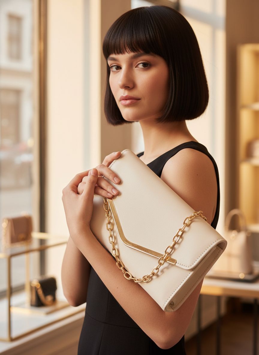 Vegan leather envelope clutch purse with detachable chain strap in neutral tone — view 3a