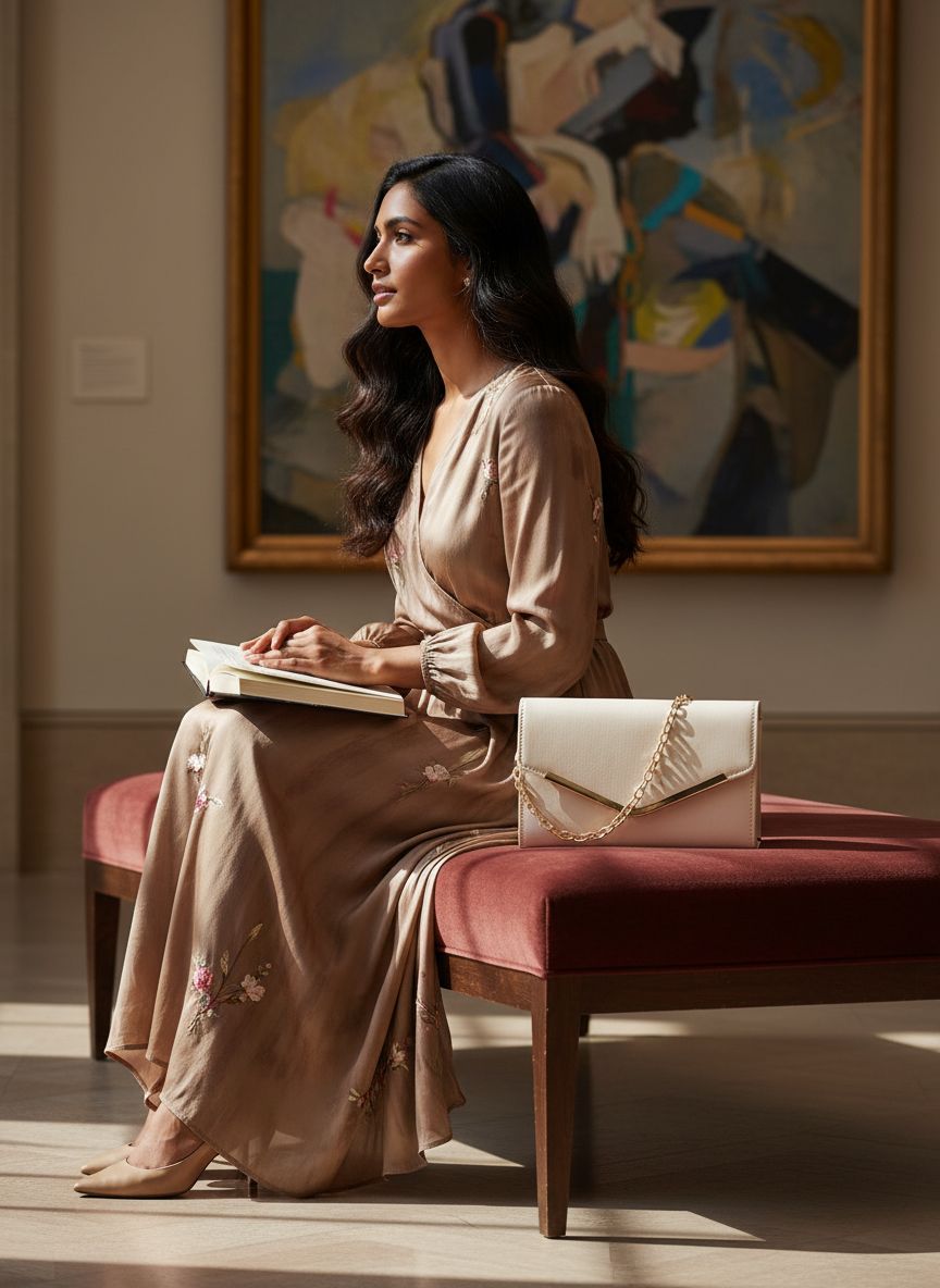 Vegan leather envelope clutch purse with detachable chain strap in neutral tone — view 3b