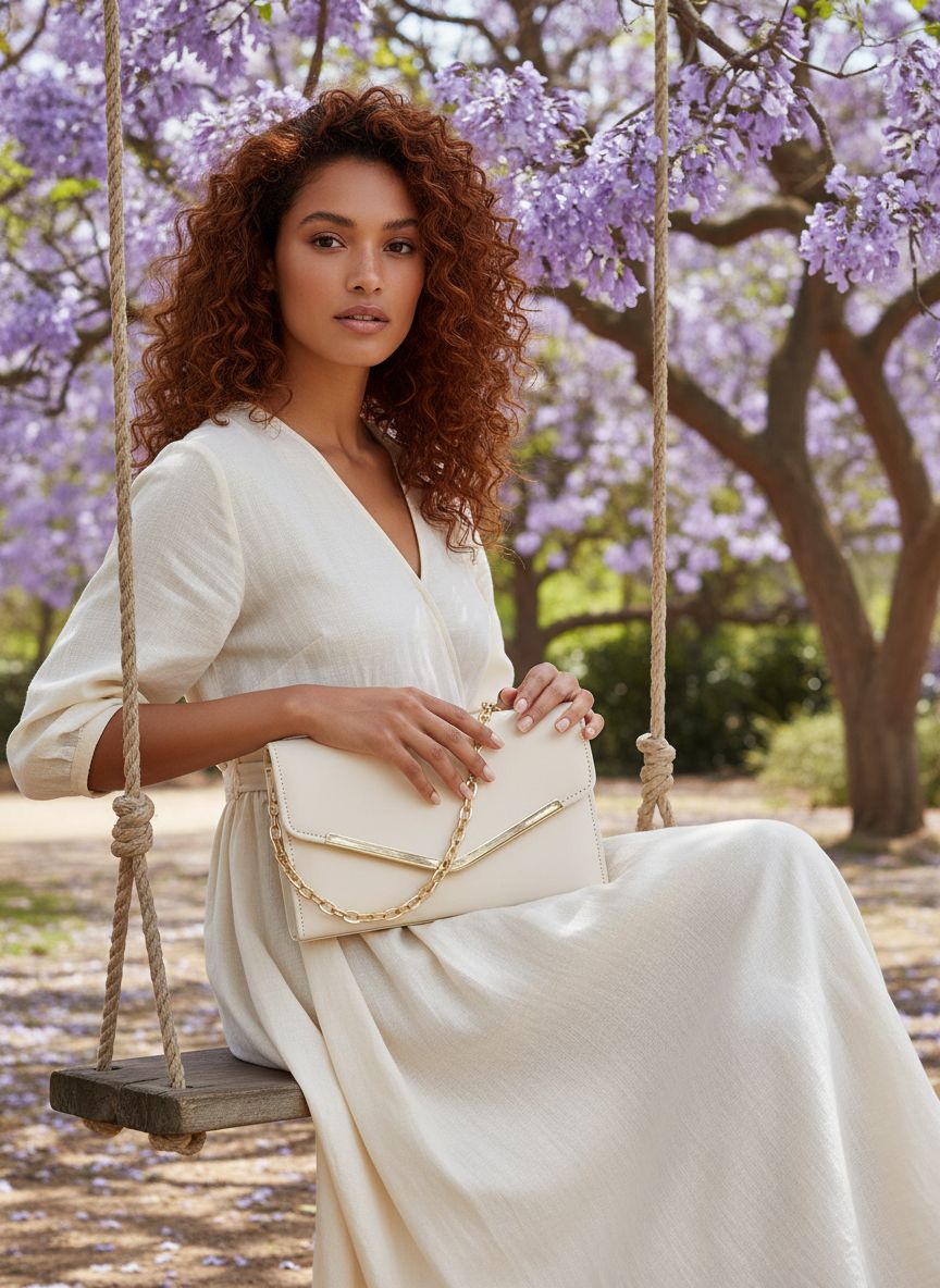Vegan leather envelope clutch purse with detachable chain strap in neutral tone — view 5a