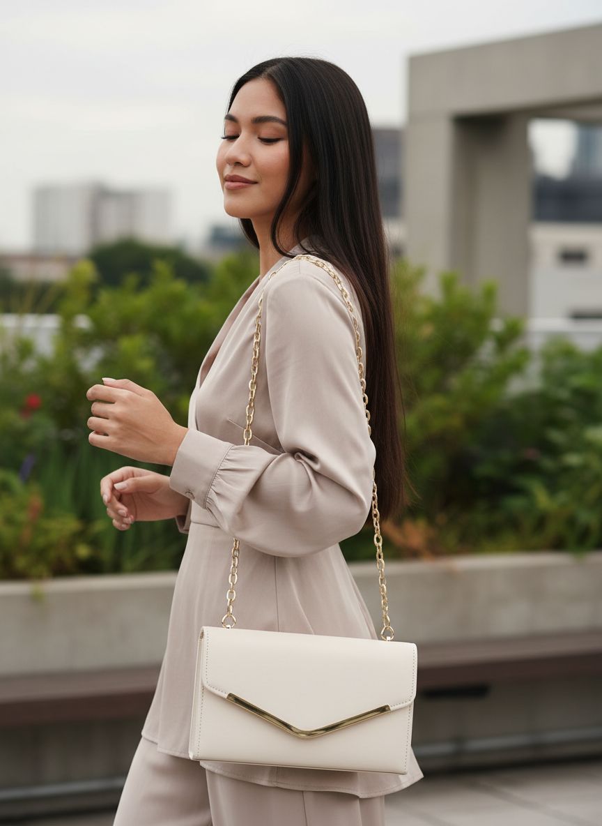 Vegan leather envelope clutch purse with detachable chain strap in neutral tone — view 6