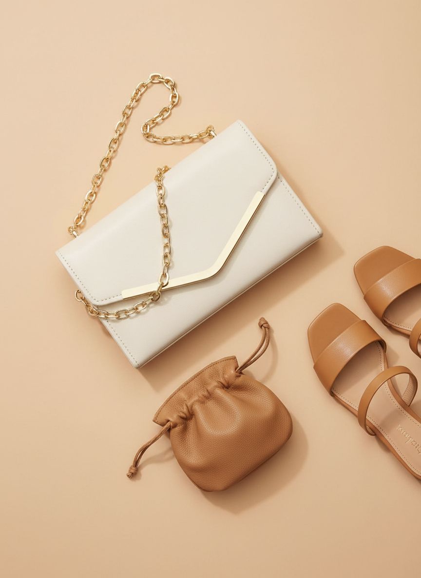 Vegan leather envelope clutch purse with detachable chain strap in neutral tone — view 7