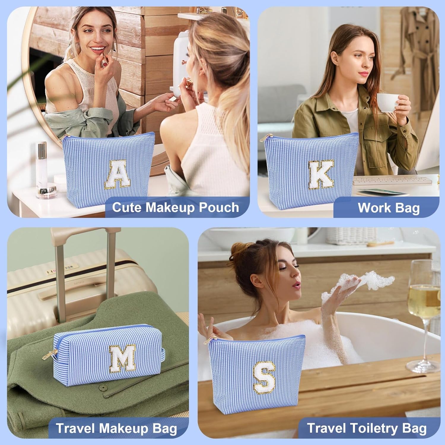 Blue nylon travel makeup organizer bag, bucket shape with minimalist design — view 3a