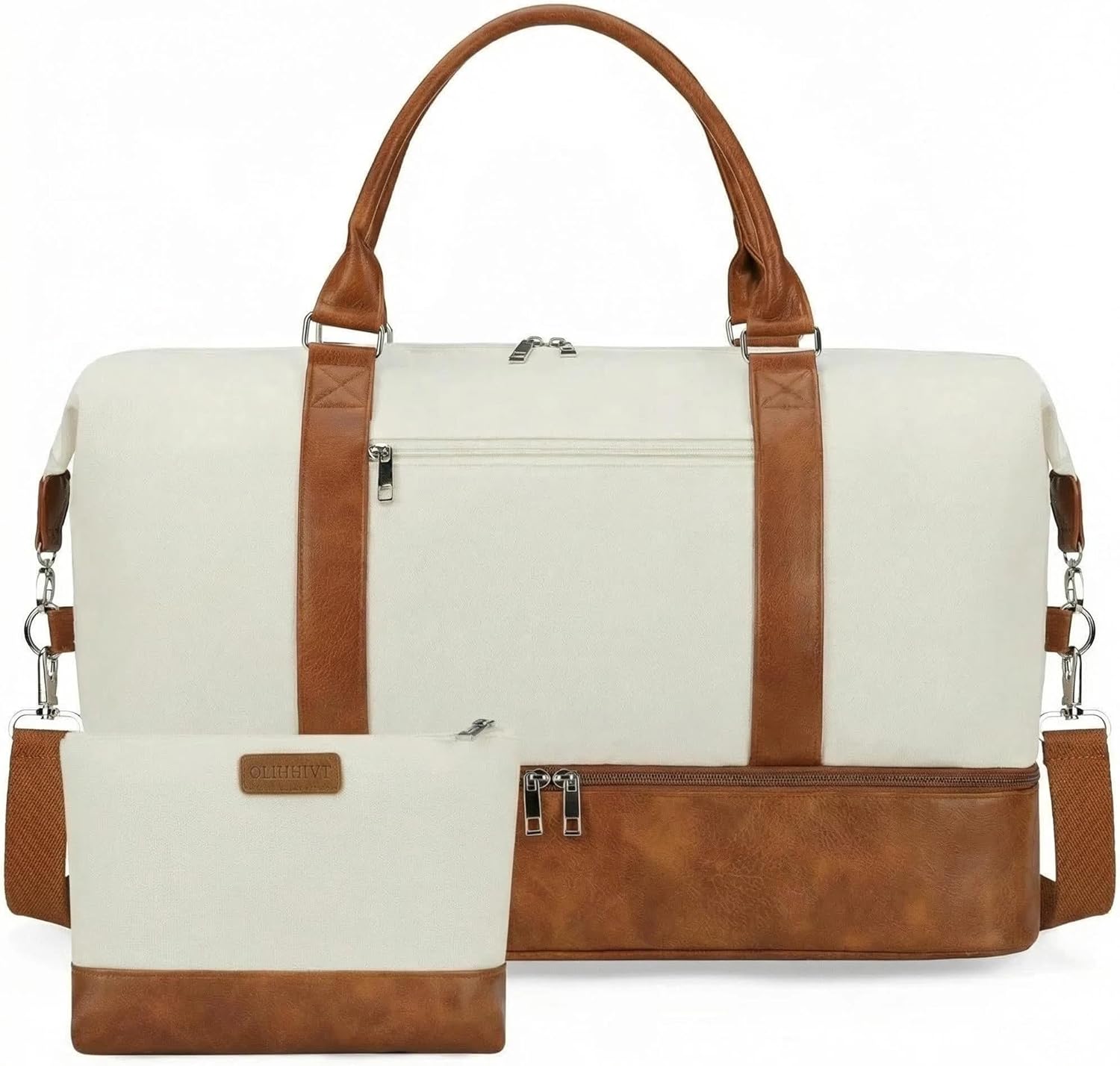 Nylon weekender duffel bag in neutral color with shoe compartment, front view — front